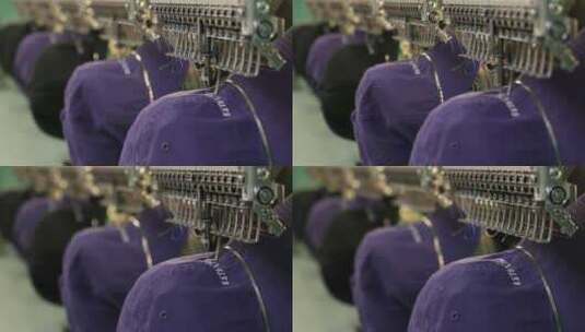 服装厂帽子刺绣流水线高清在线视频素材下载