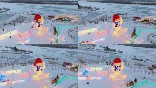 中国黑龙江哈尔滨外滩码头大雪人航拍高清在线视频素材下载