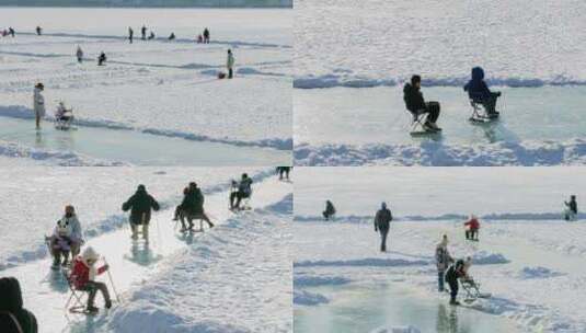 冰车儿童娱乐东北冬季冰上运动高清在线视频素材下载