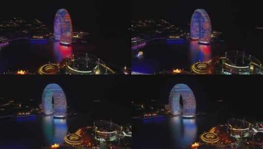 浙江湖州月亮广场月亮湾夜晚航拍高清在线视频素材下载