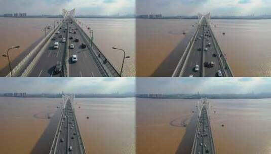杭州钱塘江九堡大桥汽车车流航拍高清在线视频素材下载