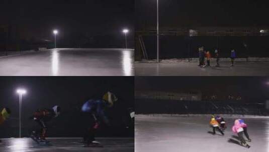 傍晚冰场滑冰孩子 滑冰训练高清在线视频素材下载