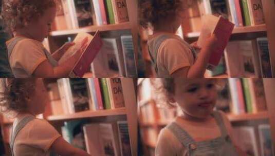 女婴假装在图书馆看书高清在线视频素材下载