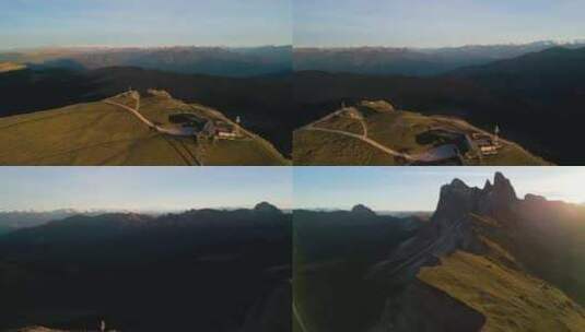 塞塞达峰日出的航拍视频。意大利南蒂罗尔多高清在线视频素材下载
