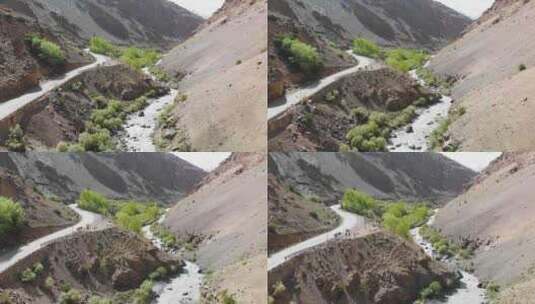 印度拉达克干涸的山脉上的公路和河流穿越高清在线视频素材下载