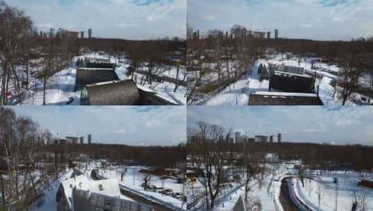 冬季带温室的郊区俯视图。创意。高清在线视频素材下载