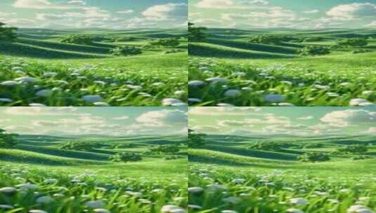 【竖屏】3D卡通绿色草原和蓝天白云高清在线视频素材下载