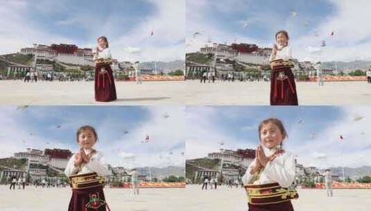 西藏拉萨布达拉宫广场藏族女孩和飞过的鸽子高清在线视频素材下载
