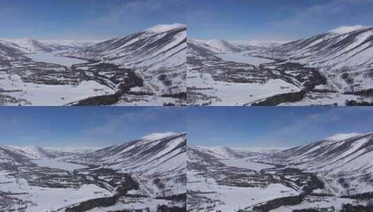 航拍新疆冬季喀纳斯河流晨雾雪山森林雪景高清在线视频素材下载