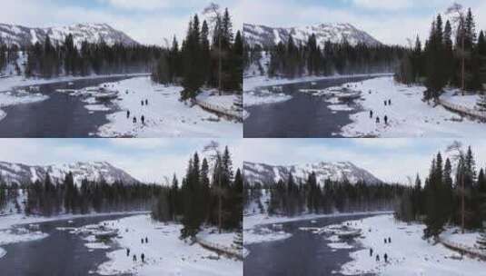 冬季喀纳斯河流晨雾雪山森林冰河观鱼台雪景高清在线视频素材下载