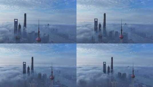上海陆家嘴CBD日出云海平流雾航拍高清在线视频素材下载