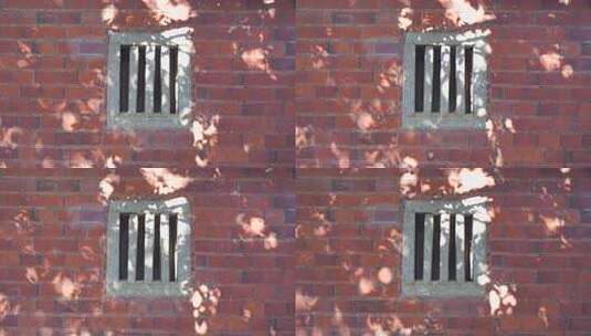 红砖墙上石框小窗特写高清在线视频素材下载