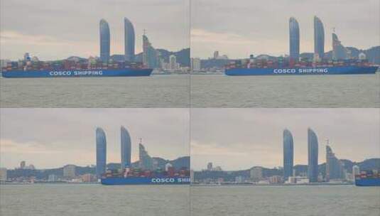 福建厦门港海域出港的集装箱货轮高清在线视频素材下载