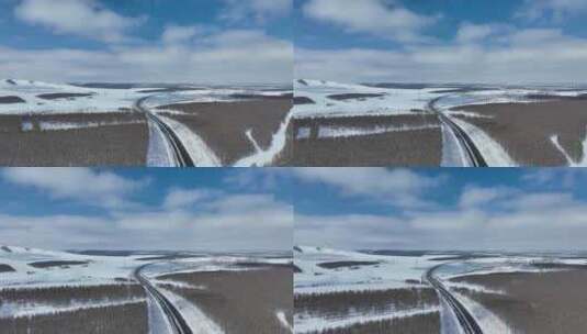 大兴安岭初春雪后的高速公路高清在线视频素材下载