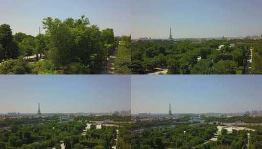 航空：巴黎城市景观揭示树木背后高清在线视频素材下载