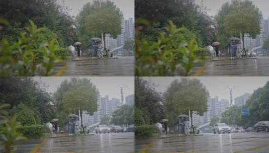 高清实拍下雨天街道打伞人来人往高清在线视频素材下载