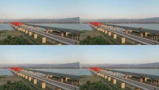 航拍京张高铁高速上正在行驶的车辆高清在线视频素材下载