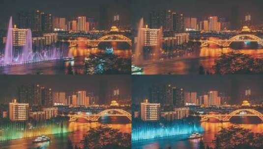 柳州柳江音乐喷泉游船与文惠桥夜景延时高清在线视频素材下载