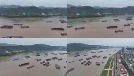 航拍内河货运码头繁忙景象广西梧州西江高清在线视频素材下载