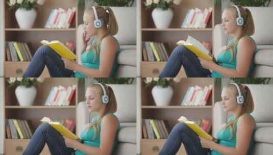 女孩看书听音乐高清在线视频素材下载