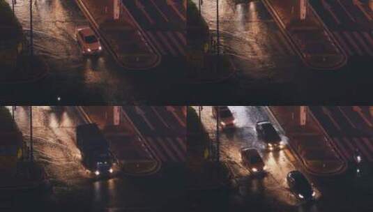 城市夜晚下雨路面积水汽车雨中行驶4k视频高清在线视频素材下载