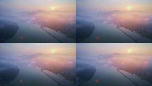 航拍日出时杭州富春江自然风光高清在线视频素材下载