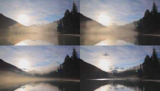 森林中央有雾的湖_可以看到天空高清在线视频素材下载