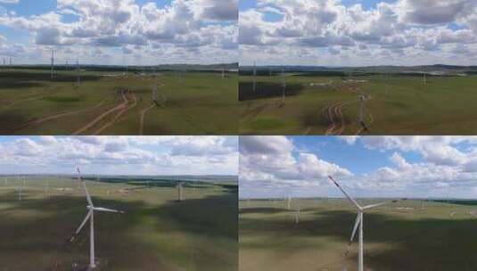 4K蓝天白云草原上风力风车发电近距离看扇叶高清在线视频素材下载