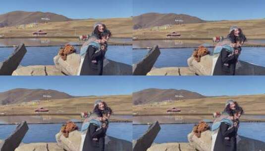 高原枯黄草原马匹经幡湖泊拍写真婚纱高清在线视频素材下载