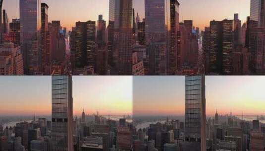 4K城市航拍纽约曼哈顿摩天大楼夜景日落晚霞高清在线视频素材下载