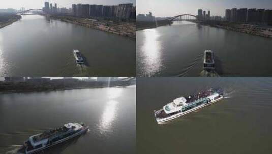 轮船行驶在东平河上 东平大桥地标 航拍高清在线视频素材下载