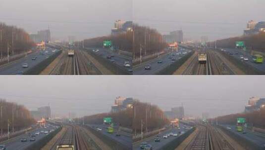 北京城市行驶中的地铁车流空气污染雾霾高清在线视频素材下载