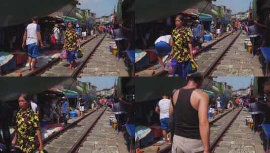 泰国曼谷美功铁路市场路人高清在线视频素材下载