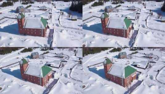 冬天村庄的鸟瞰图，乡村细节。剪辑。红砖小高清在线视频素材下载