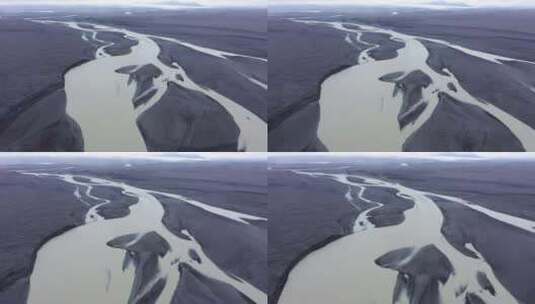 从上方俯瞰冰川河分支，冰岛冰川河床和冰槽高清在线视频素材下载