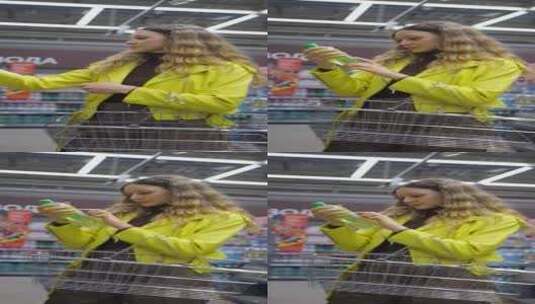 穿黄色夹克的女人在超市购物时阅读产品标签高清在线视频素材下载