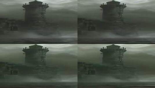 【竖屏】被水淹没的城堡，水面上的哨塔高清在线视频素材下载