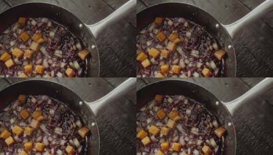 紫甘蓝，南瓜，平底锅，炒高清在线视频素材下载