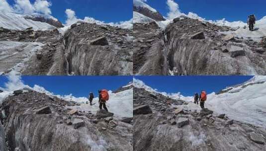 攀登四川第二高峰中山峰的登山队徒步冰塔林高清在线视频素材下载