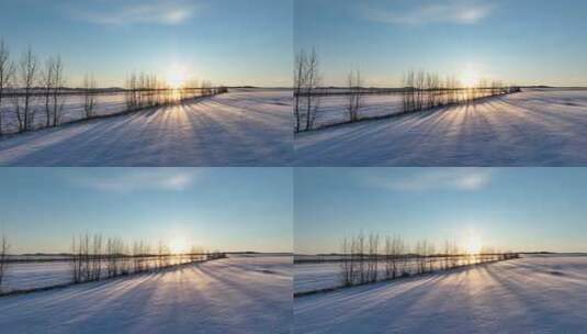 雪后垦区田野夕阳时的美丽景象高清在线视频素材下载