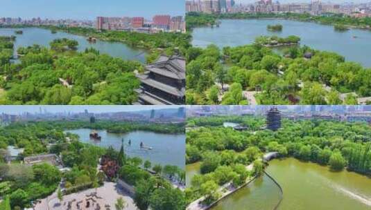 济南市大明湖公园风景名胜区航拍超然楼历下高清在线视频素材下载