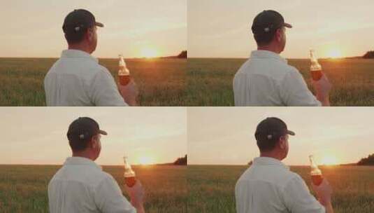 农夫对着自己麦田喝啤酒高清在线视频素材下载