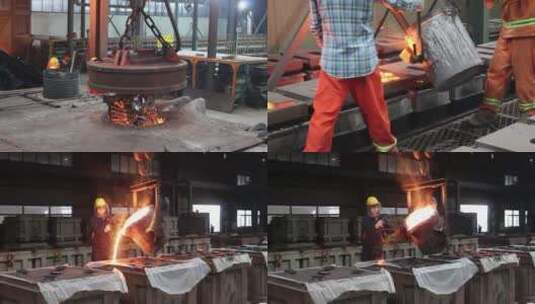 熔炉磨具厂工人熔炉铁水火花四溅高清在线视频素材下载