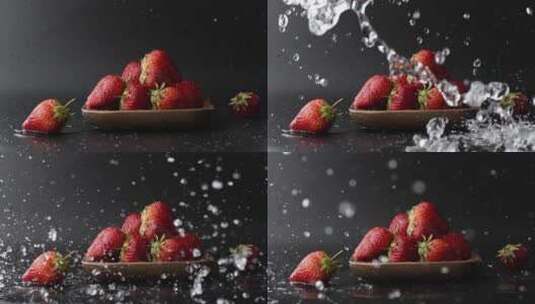 慢镜头拍摄清水冲洗碗里有机新鲜爆浆草莓高清在线视频素材下载