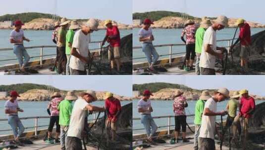 渔民在整理修补渔网高清在线视频素材下载