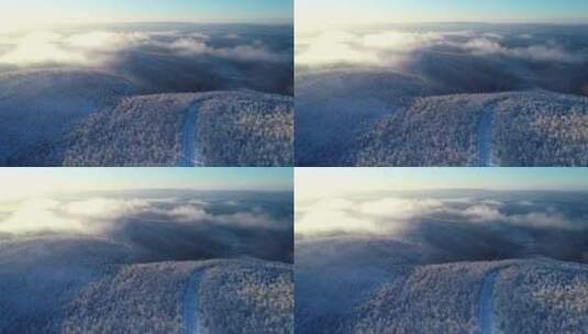 航拍大兴安岭极寒时节林海雪原晨雾高清在线视频素材下载