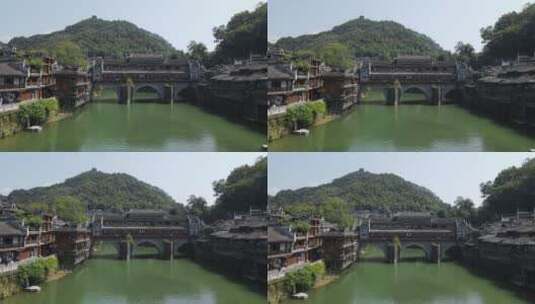 湘西凤凰古城沱江建筑景观高清在线视频素材下载