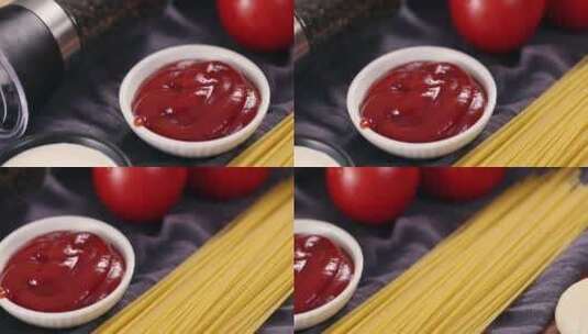 【正版素材】木背景番茄肉酱面食材特写横移高清在线视频素材下载