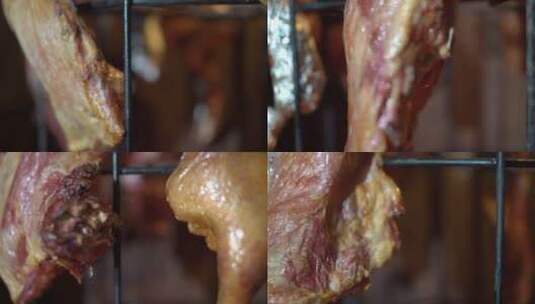 炭烤烤羊腿烤鸡烤排骨在烤炉里旋转的特写高清在线视频素材下载