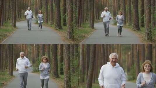 老年夫妻在森林中奔跑高清在线视频素材下载